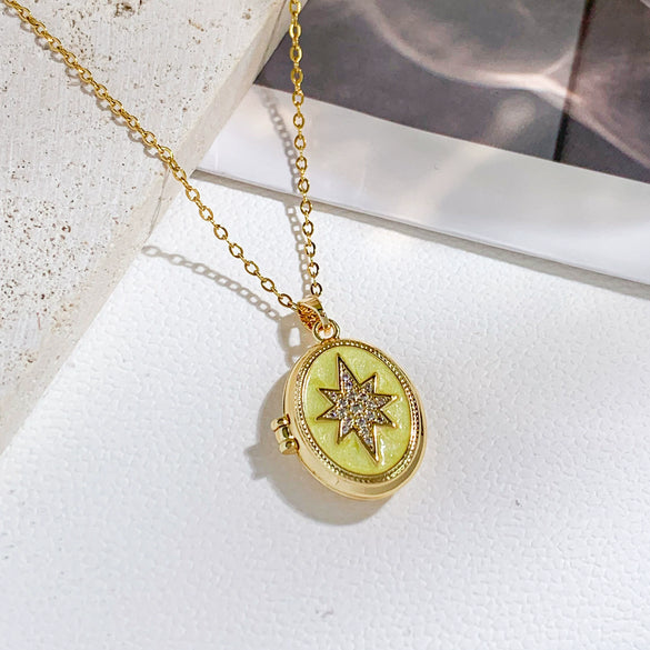 Women's Titanium Steel And Copper Photo Box Necklace With Oval Oil Drop Shape Cross Chain Real Gold Plated Enhanced Color Retention Sweet And Geometric Style