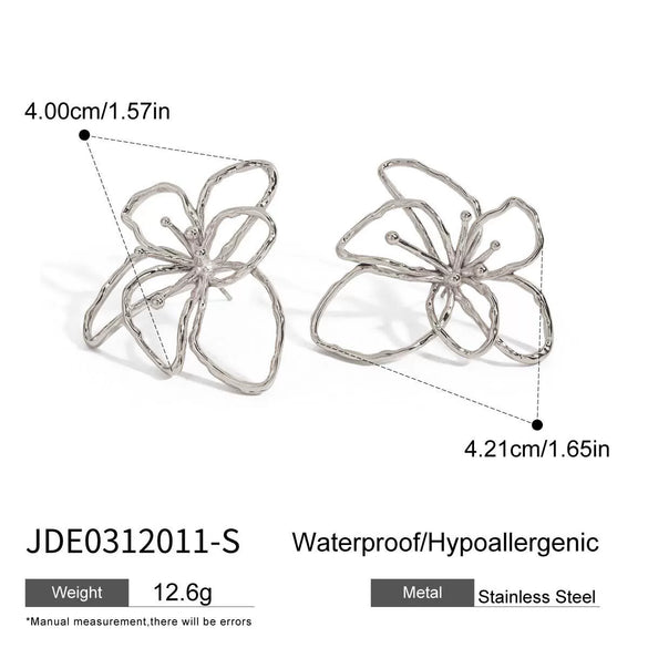 Women's Titanium Steel And 18K Gold And Silver Twocolor Simple Line Flower Hammered Geometric Earrings With Electroplating