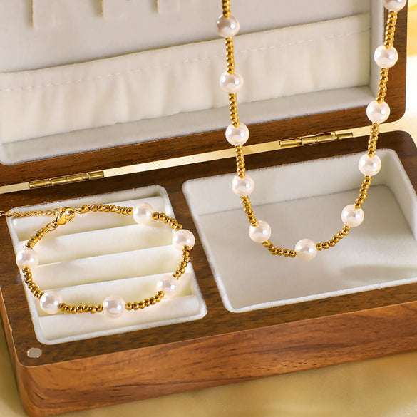 Women's Titanium Steel And Pearl Beaded Collarbone Chain Necklace Set With Geometric Pattern And 18K Vacuum Plating In Furnace