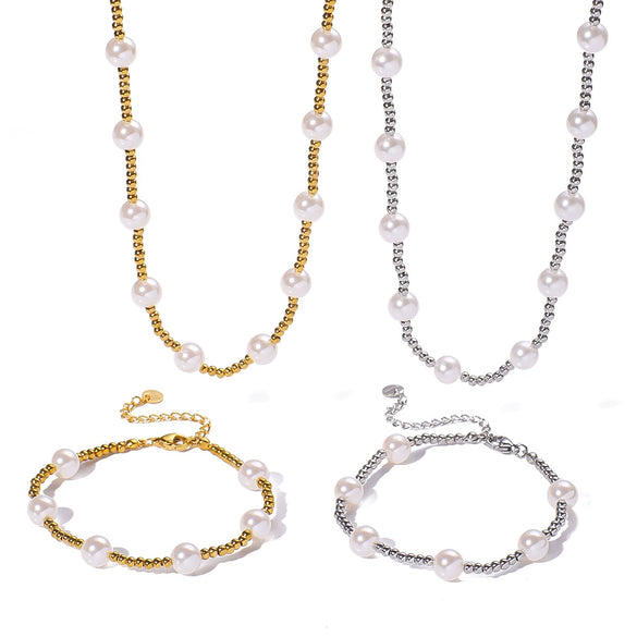 Women's Titanium Steel And Pearl Beaded Collarbone Chain Necklace Set With Geometric Pattern And 18K Vacuum Plating In Furnace