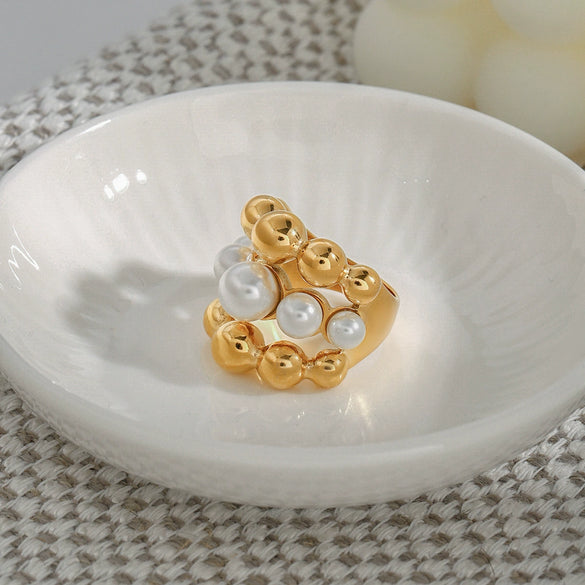 Women's Titanium Steel And Pearl Geometric Ring With Electroplating Design Jewelry