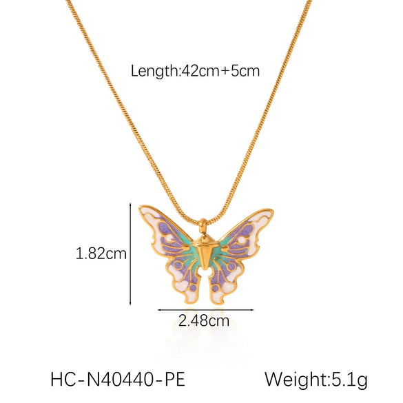 Women's Titanium Steel And Stainless Steel Enamel Butterfly Pendant Necklace With Geometric And Animal Pattern And Dripping Oil Design Snake Bone Chain