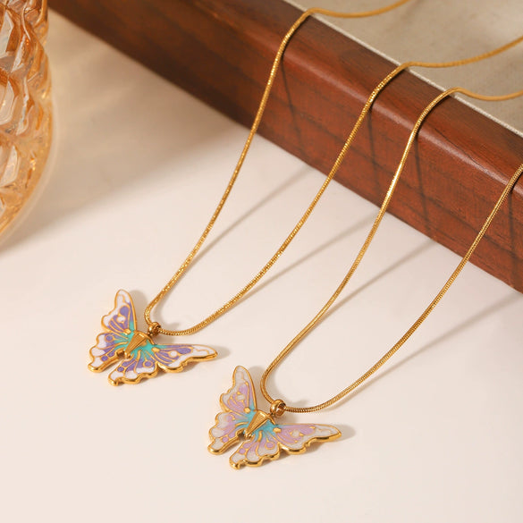 Women's Titanium Steel And Stainless Steel Enamel Butterfly Pendant Necklace With Geometric And Animal Pattern And Dripping Oil Design Snake Bone Chain