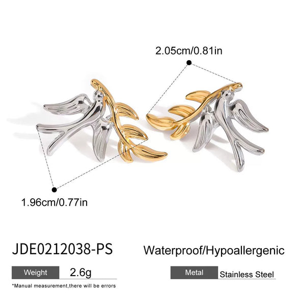 Women's Titanium Steel And Stainless Steel Geometric Style Electroplated Earrings With Gold And Silver Color Matching Peace Dove And Leaf Design