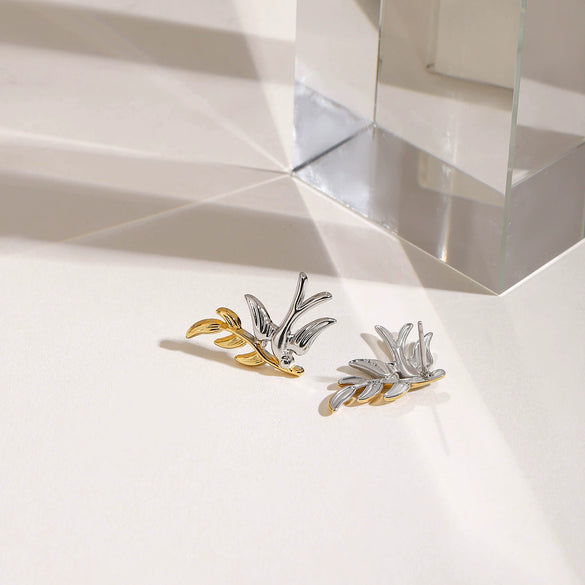 Women's Titanium Steel And Stainless Steel Geometric Style Electroplated Earrings With Gold And Silver Color Matching Peace Dove And Leaf Design