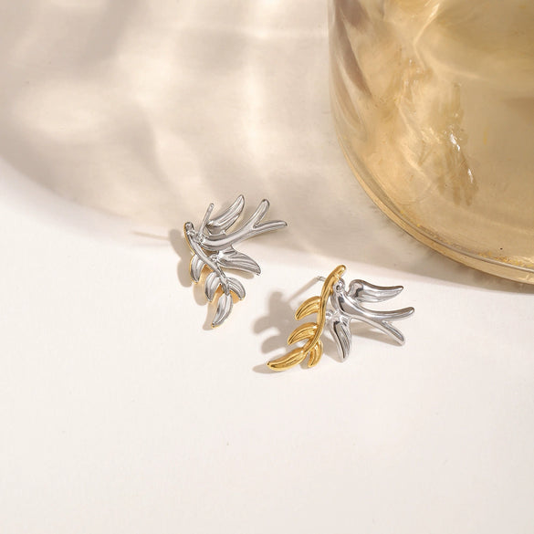 Women's Titanium Steel And Stainless Steel Geometric Style Electroplated Earrings With Gold And Silver Color Matching Peace Dove And Leaf Design