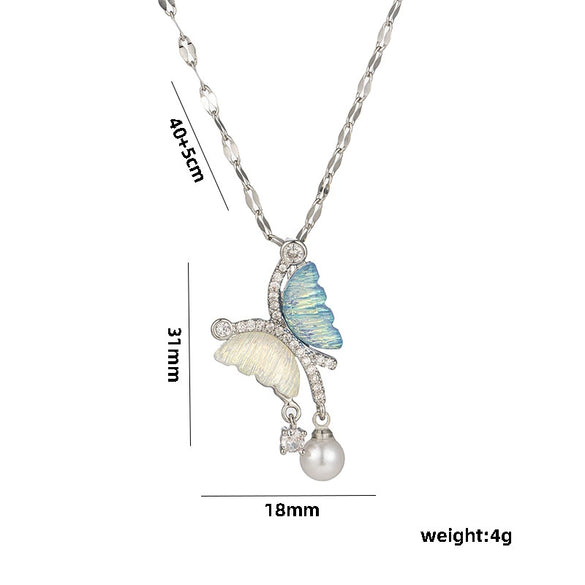 Women's Titanium Steel Asymmetric Butterfly Pearl Necklace With Electroplating Water Wave Chain Light Luxury Ins Cold Style Niche Fashion Simple Clavicle Chain