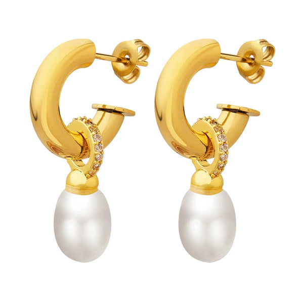 Women's 316L Stainless Steel Baroque Imitation Pearl C Shaped Geometric Electroplated Earrings