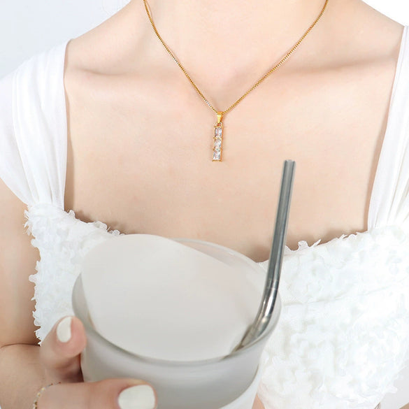 Women's Titanium Steel Box Chain Necklace With Geometric Crystal Pendant Gold Plated