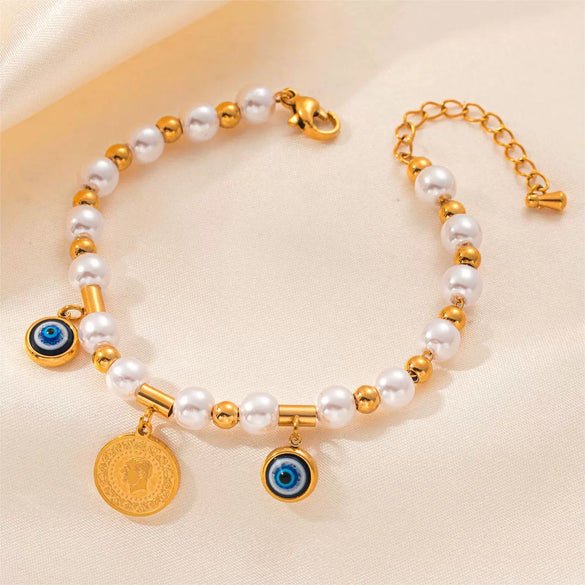 Women's Titanium Steel Bracelet 18K Goldplated With Natural Freshwater Pearl Geometric Heart Shape Flower Design