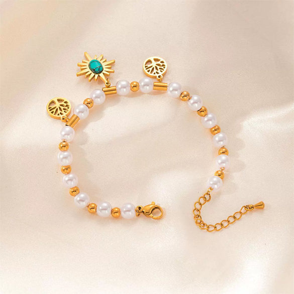 Women's Titanium Steel Bracelet 18K Goldplated With Natural Freshwater Pearl Geometric Heart Shape Flower Design