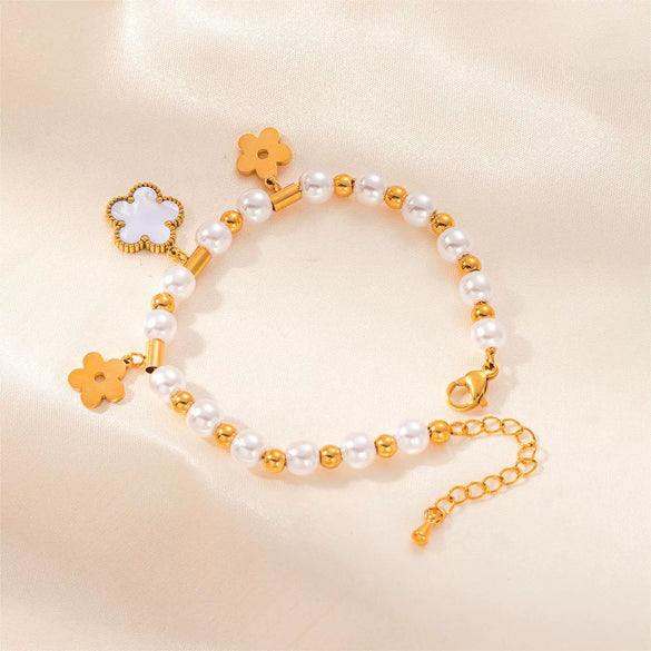 Women's Titanium Steel Bracelet 18K Goldplated With Natural Freshwater Pearl Geometric Heart Shape Flower Design