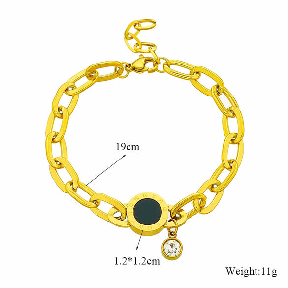 Women's Titanium Steel Bracelet With Black Round Roman Numeral Round Plate Rhinestone Pendant And Electroplating Treatment