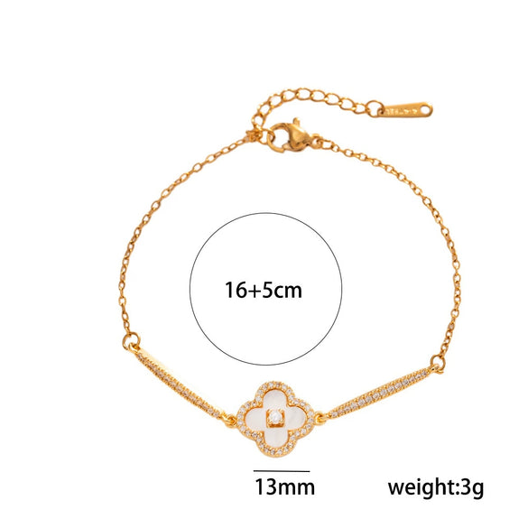 Women's Titanium Steel Bracelet With Zircon Shell Four Leaf Flower Design And Vacuum Plated Finish