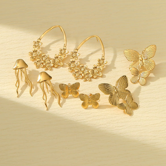 Women's Titanium Steel Butterfly Flower Electroplated Earrings Light Luxury Style