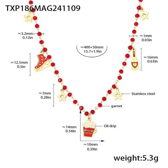Women's Titanium Steel Christmas Hat Pendant Garnet Layered Necklace Bracelet And Earring Jewelry Set With Electroplated Finish