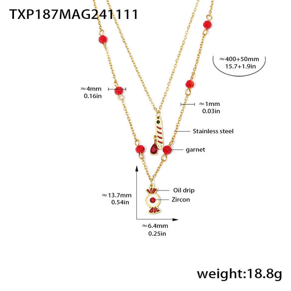 Women's Titanium Steel Christmas Hat Pendant Garnet Layered Necklace Bracelet And Earring Jewelry Set With Electroplated Finish