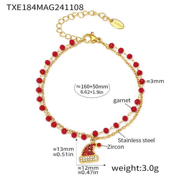 Women's Titanium Steel Christmas Hat Pendant Garnet Layered Necklace Bracelet And Earring Jewelry Set With Electroplated Finish