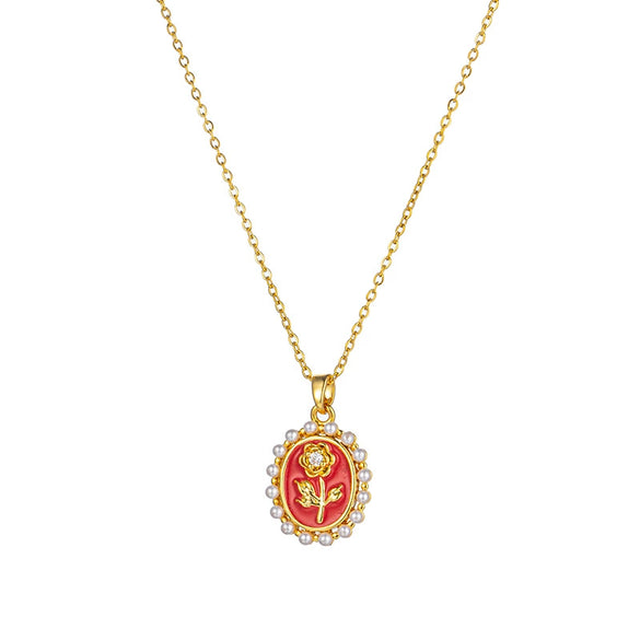 Women's Titanium Steel Copper Geometric Pattern Set With Diamonds Oildrip Rose Pearl Necklace