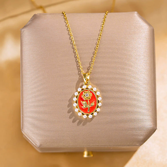 Women's Titanium Steel Copper Geometric Pattern Set With Diamonds Oildrip Rose Pearl Necklace