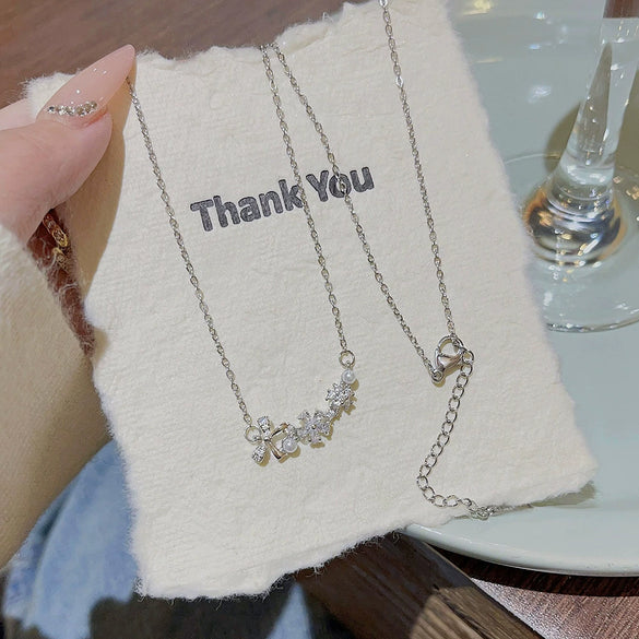Women's Titanium Steel Cross Chain Light Luxury Style Bow Zircon Mixed Gemstone Setting Pendant Necklace