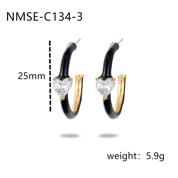 Women's Titanium Steel Cshaped Heart Zircon Earrings Electroplated Fashionable Niche Versatile Highend
