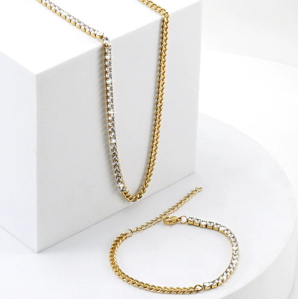 Women's 316L Stainless Steel Cuban Chain Diamond Geometric Fashion Necklace And Bracelet