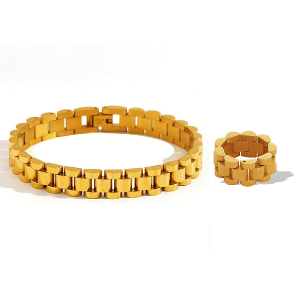 Women's 316L Stainless Steel Cuban Chain Watch Strap Chain Bracelet Ring Set With Stars Sun And Moon Clouds Universe Pattern Goldplated