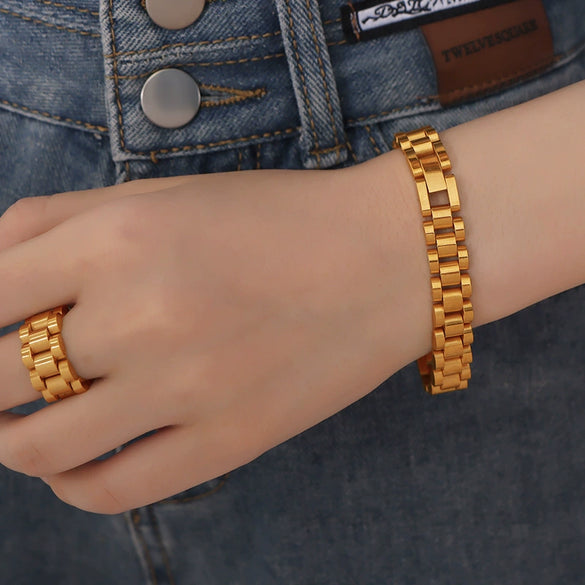 Women's 316L Stainless Steel Cuban Chain Watch Strap Chain Bracelet Ring Set With Stars Sun And Moon Clouds Universe Pattern Goldplated