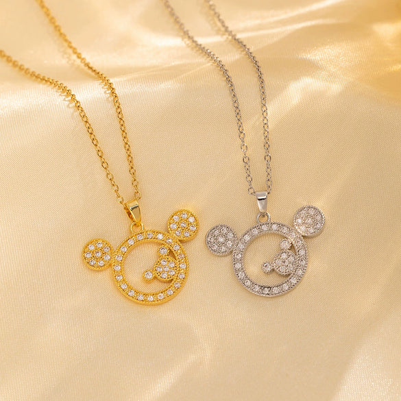 Women's Titanium Steel Doublelayer Clavicle Chain Necklace With Mouse Zircon Pendant Geometric Style Electroplated
