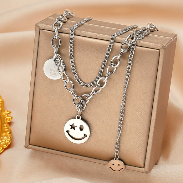 Women's Titanium Steel Doublelayer Stacked Wind Tassel Smiley Cuban Chain Necklace With Geometric Styling And Polishing