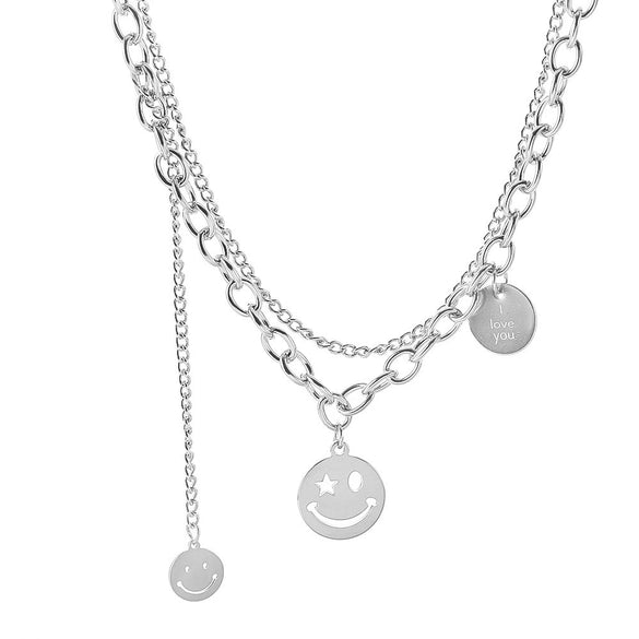 Women's Titanium Steel Doublelayer Stacked Wind Tassel Smiley Cuban Chain Necklace With Geometric Styling And Polishing