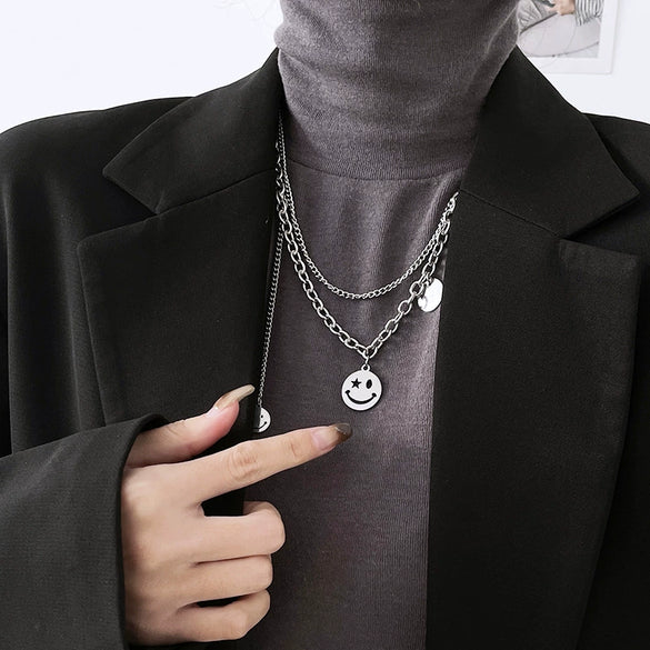 Women's Titanium Steel Doublelayer Stacked Wind Tassel Smiley Cuban Chain Necklace With Geometric Styling And Polishing