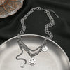 Women's Titanium Steel Doublelayer Stacked Wind Tassel Smiley Cuban Chain Necklace With Geometric Styling And Polishing