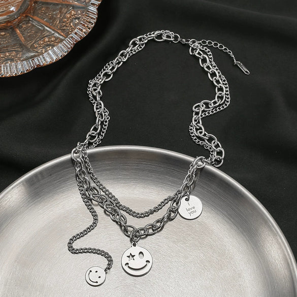 Women's Titanium Steel Doublelayer Stacked Wind Tassel Smiley Cuban Chain Necklace With Geometric Styling And Polishing