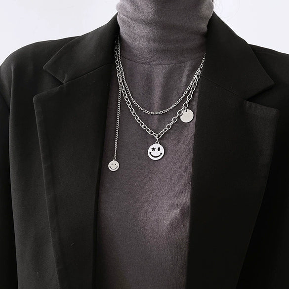 Women's Titanium Steel Doublelayer Stacked Wind Tassel Smiley Cuban Chain Necklace With Geometric Styling And Polishing
