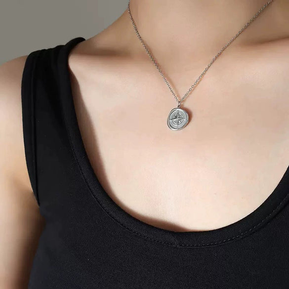Women's Titanium Steel Electroplated Geometric Round Compass Necklace