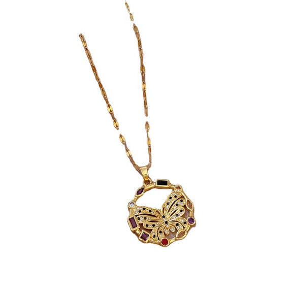 Women's Titanium Steel Exaggerated Color Butterfly Microinlaid Real Gold Geometric Design Necklace