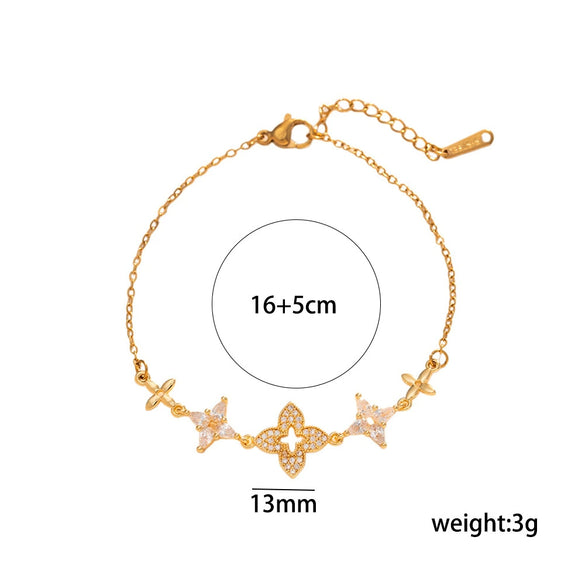 Women’s Titanium Steel Four Leaf Clover Bracelet With Rhombus Pattern And 18K Gold Plated Brass Hardware Vintage Style