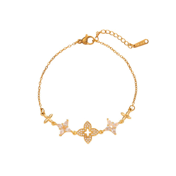 Women’s Titanium Steel Four Leaf Clover Bracelet With Rhombus Pattern And 18K Gold Plated Brass Hardware Vintage Style