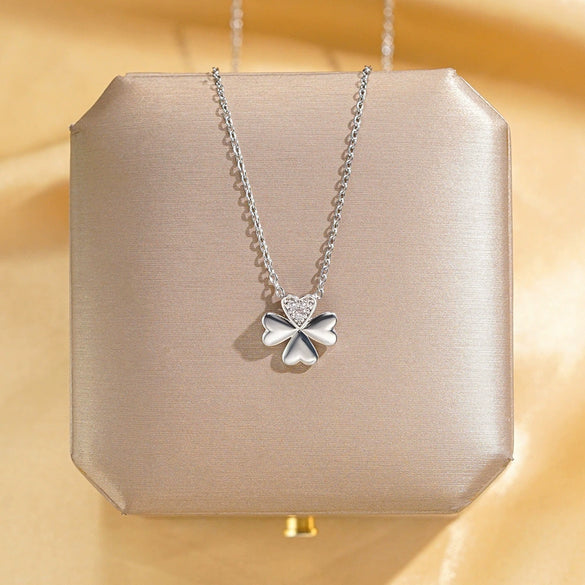 Women's Titanium Steel Four Leaf Clover Diamond Mixed Gem Inlay Necklace With Flower Pattern And Cross Chain Style
