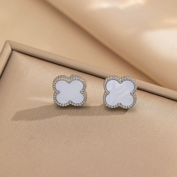 Women's Titanium Steel Fourleaf Clover Necklace Bracelet Earrings Threepiece Set With Mixed Gemstone Inlay And Vacuum Furnace Electroplating Geometric Letters Numbers Text Pattern