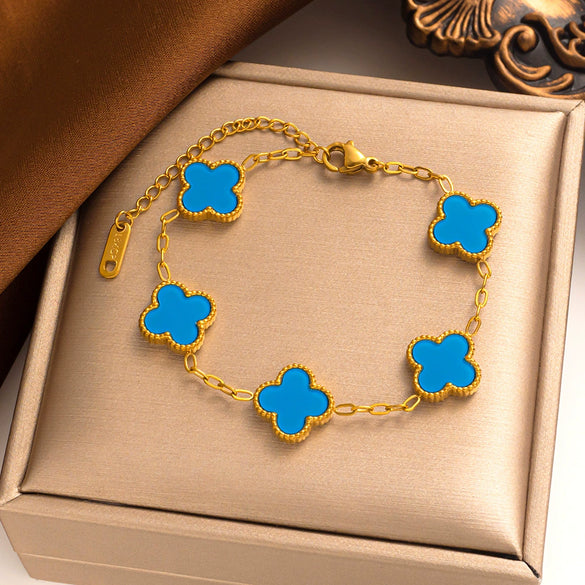 Women's Titanium Steel Fourleaf Clover Necklace Bracelet Earrings Threepiece Set With Mixed Gemstone Inlay And Vacuum Furnace Electroplating Geometric Letters Numbers Text Pattern