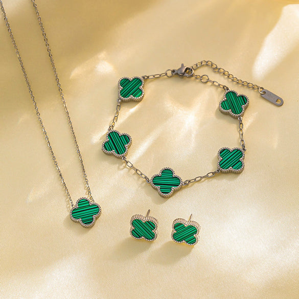 Women's Titanium Steel Fourleaf Clover Necklace Bracelet Earrings Threepiece Set With Mixed Gemstone Inlay And Vacuum Furnace Electroplating Geometric Letters Numbers Text Pattern