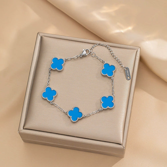 Women's Titanium Steel Fourleaf Clover Necklace Bracelet Earrings Threepiece Set With Mixed Gemstone Inlay And Vacuum Furnace Electroplating Geometric Letters Numbers Text Pattern