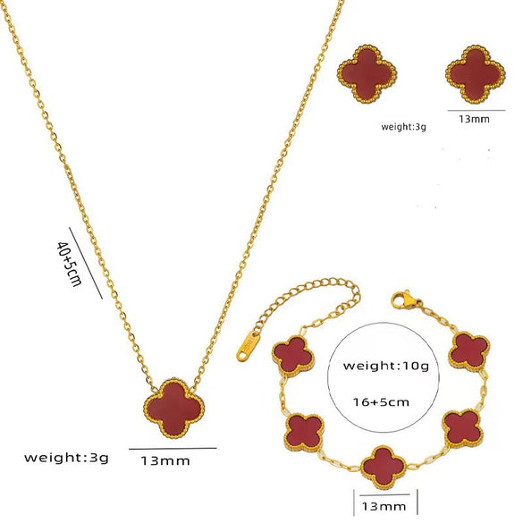 Women's Titanium Steel Fourleaf Clover Necklace Bracelet Earrings Threepiece Set With Mixed Gemstone Inlay And Vacuum Furnace Electroplating Geometric Letters Numbers Text Pattern