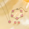 Women's Titanium Steel Fourleaf Clover Necklace Bracelet Earrings Threepiece Set With Mixed Gemstone Inlay And Vacuum Furnace Electroplating Geometric Letters Numbers Text Pattern