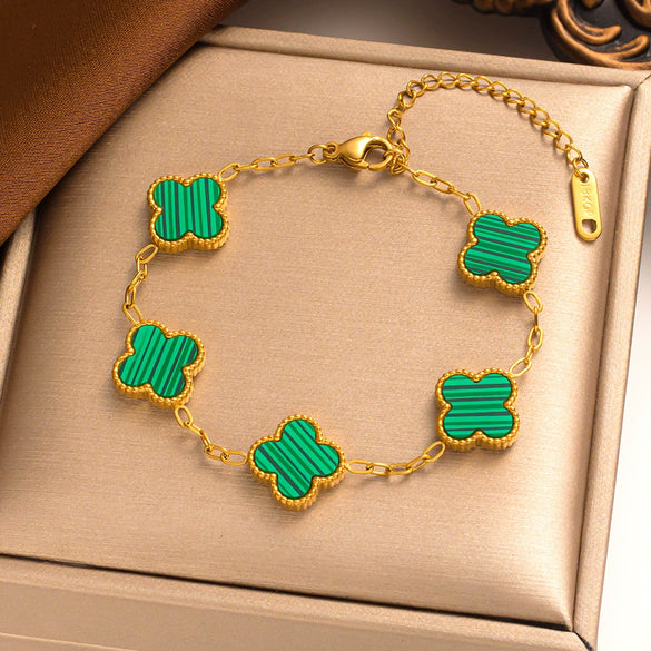 Women's Titanium Steel Fourleaf Clover Necklace Bracelet Earrings Threepiece Set With Mixed Gemstone Inlay And Vacuum Furnace Electroplating Geometric Letters Numbers Text Pattern