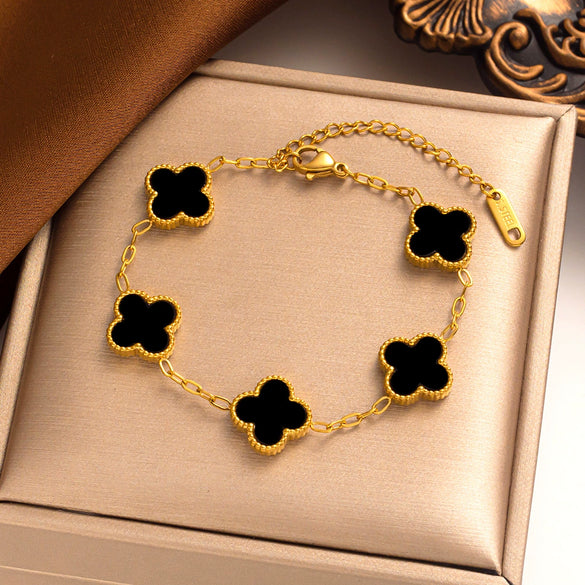 Women's Titanium Steel Fourleaf Clover Necklace Bracelet Earrings Threepiece Set With Mixed Gemstone Inlay And Vacuum Furnace Electroplating Geometric Letters Numbers Text Pattern