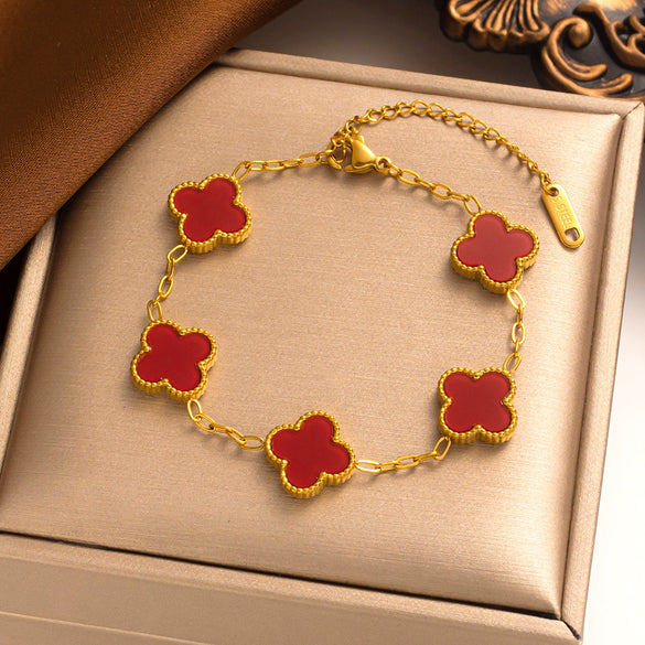Women's Titanium Steel Fourleaf Clover Necklace Bracelet Earrings Threepiece Set With Mixed Gemstone Inlay And Vacuum Furnace Electroplating Geometric Letters Numbers Text Pattern